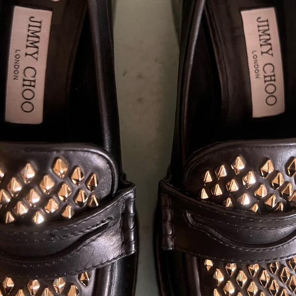 Jimmy Choo Deanna Black Gold Spiked Slip In Embellished Loafer Shoes 37.5 New - Picture 10 of 15